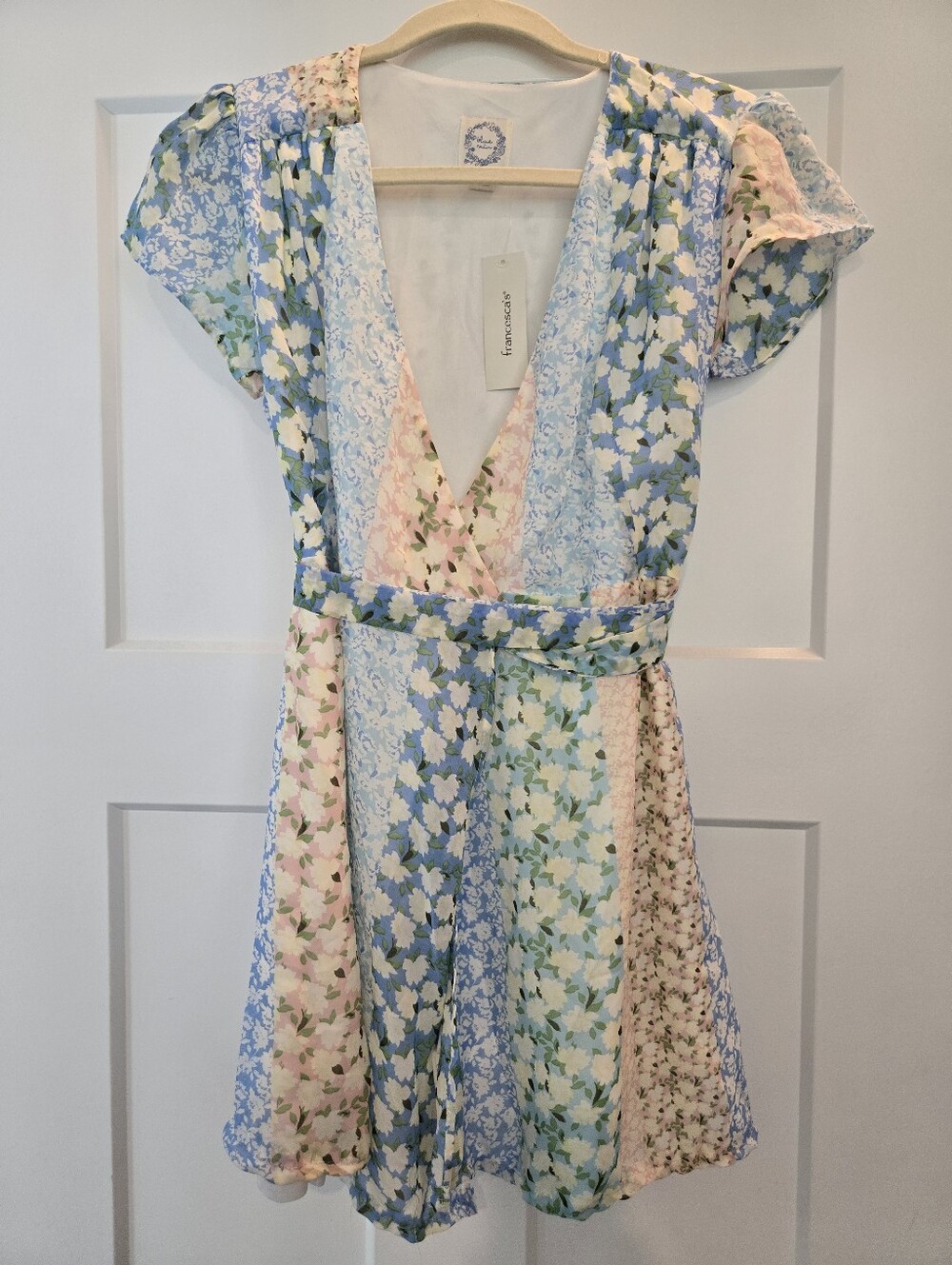 NWT Blue Rain Francesca’s Floral Patchwork Wrap Dress XS Blue Pink